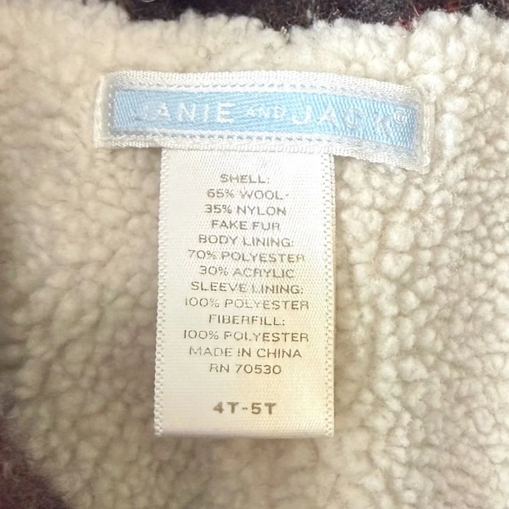 JANIE AND JACK Wool Sherpa Lined Plaid Pea Coat Toddler Size 4T-5T Brown Classic